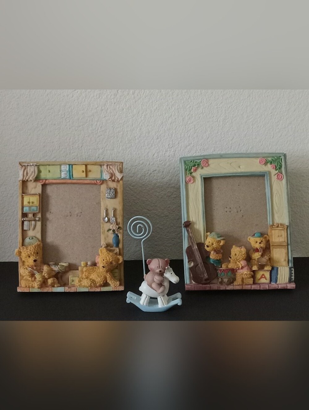 Two Cute Teddy Bear-Themed Photo Frames with Blue Rocking Horse Photo Holder